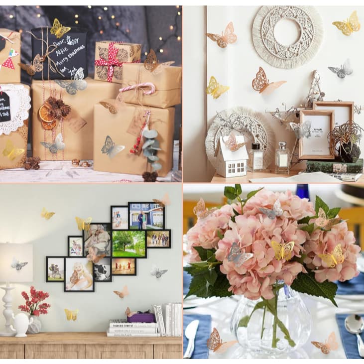 Kit 60 Borboletas Luxo 3D Vazadas Decorativas Metalizadas Festa Parede Jardim Bexiga Balão Colorida Prata e Dourado