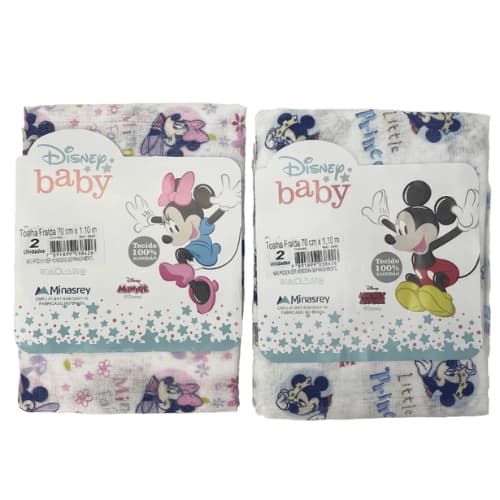 Toalha Fralda Disney Mickey ou Minnie 2 unidades 1,10cm x 70 cm 100% Algodão Minasrey