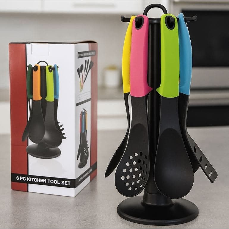 Kit de Utensílios de Cozinha 7 Peças com Suporte Giratório – Conjunto Premium para Culinária Prática e Completa