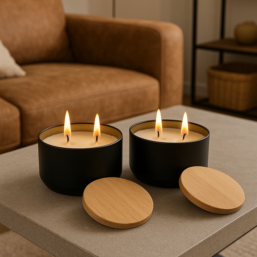 Kit com 2 Velas Aromáticas Premium 120g – Cera de Coco, 2 Pavios de Algodão, Lata Preta com Tampa Amadeirada(Lata)