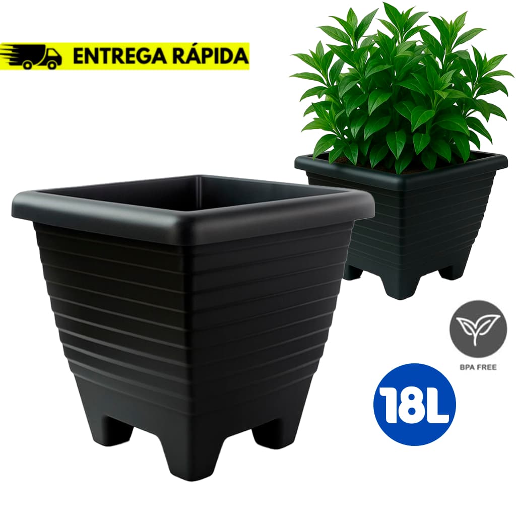 Vaso Quadrado Modelo Preto 18L para Jardim Horta Decoração – Plástico Reforçado Milenium