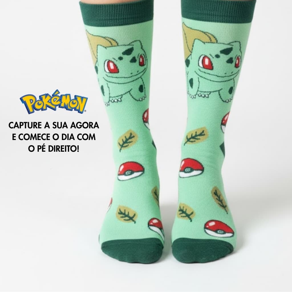 Meia Divertida Pokémon Bulbasaur Cano Alto Estampada Algodão Geek Natureza Cano Alto Infantil 33 ao 43
