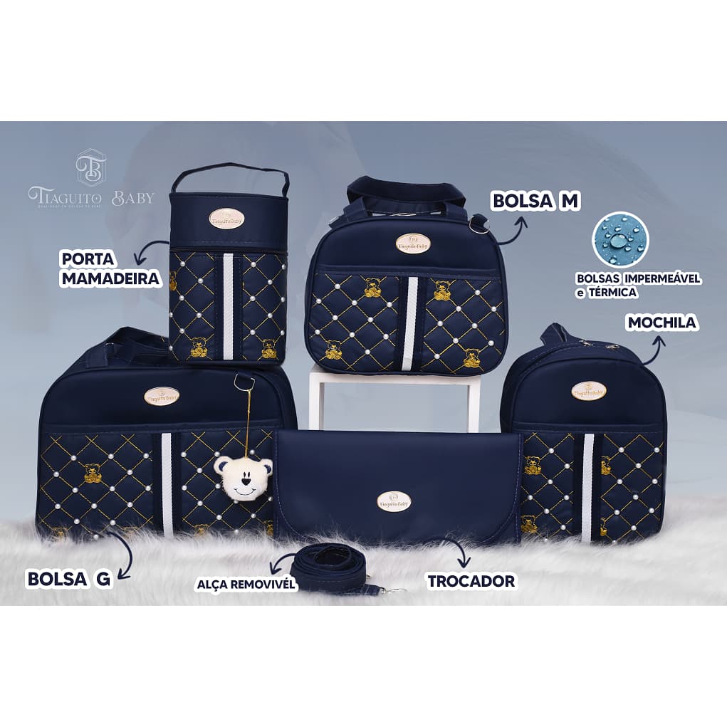 Kit Bolsa Maternidade Urso Com Perola 5 Peças (Marinho