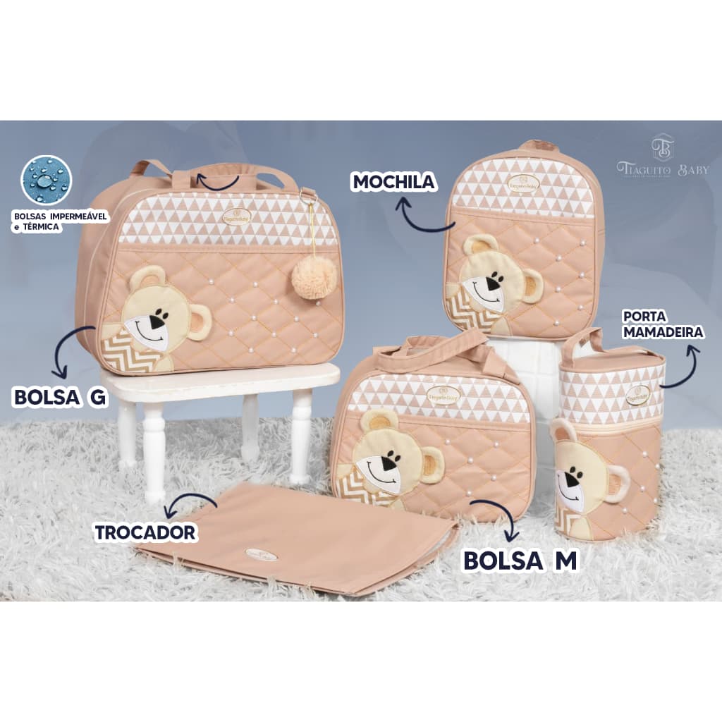 Kit Bolsa de Bebê Urso de Lado 5 Peças (Nude)