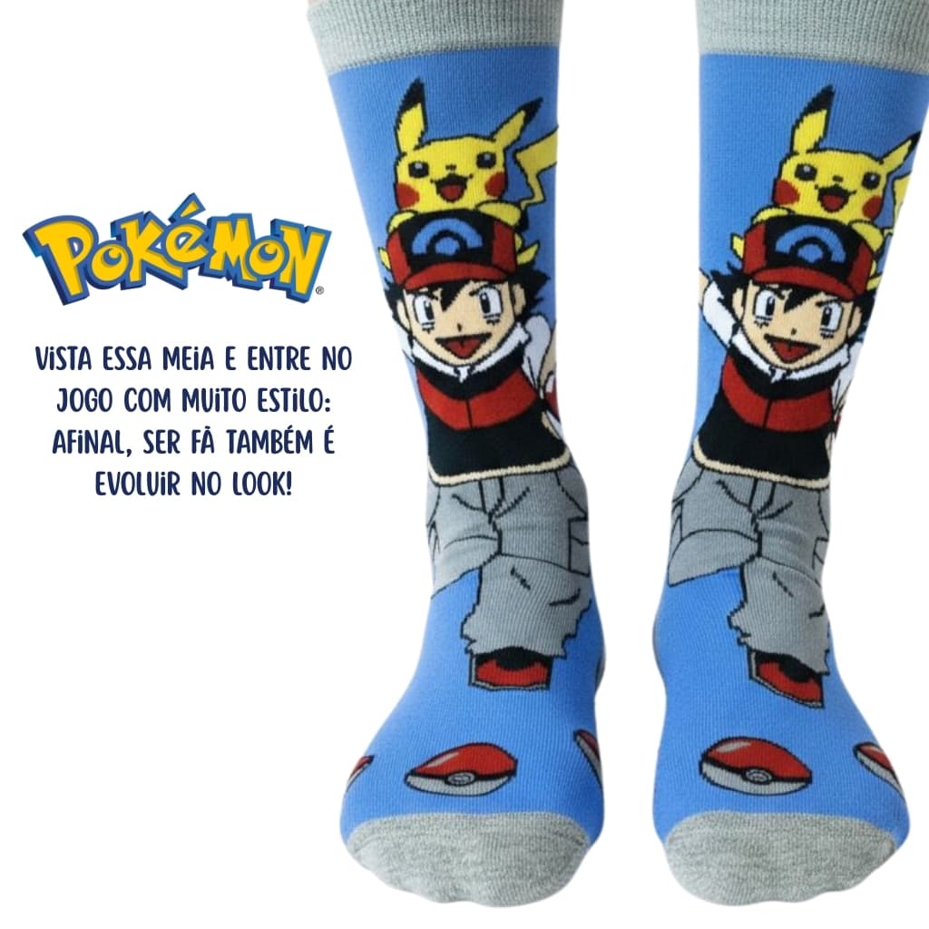 Meia Divertida Pokémon Ash Ketchum Cano Alto Treinador Estampada Geek Aventura Infantil Unissex Casual Algodão
