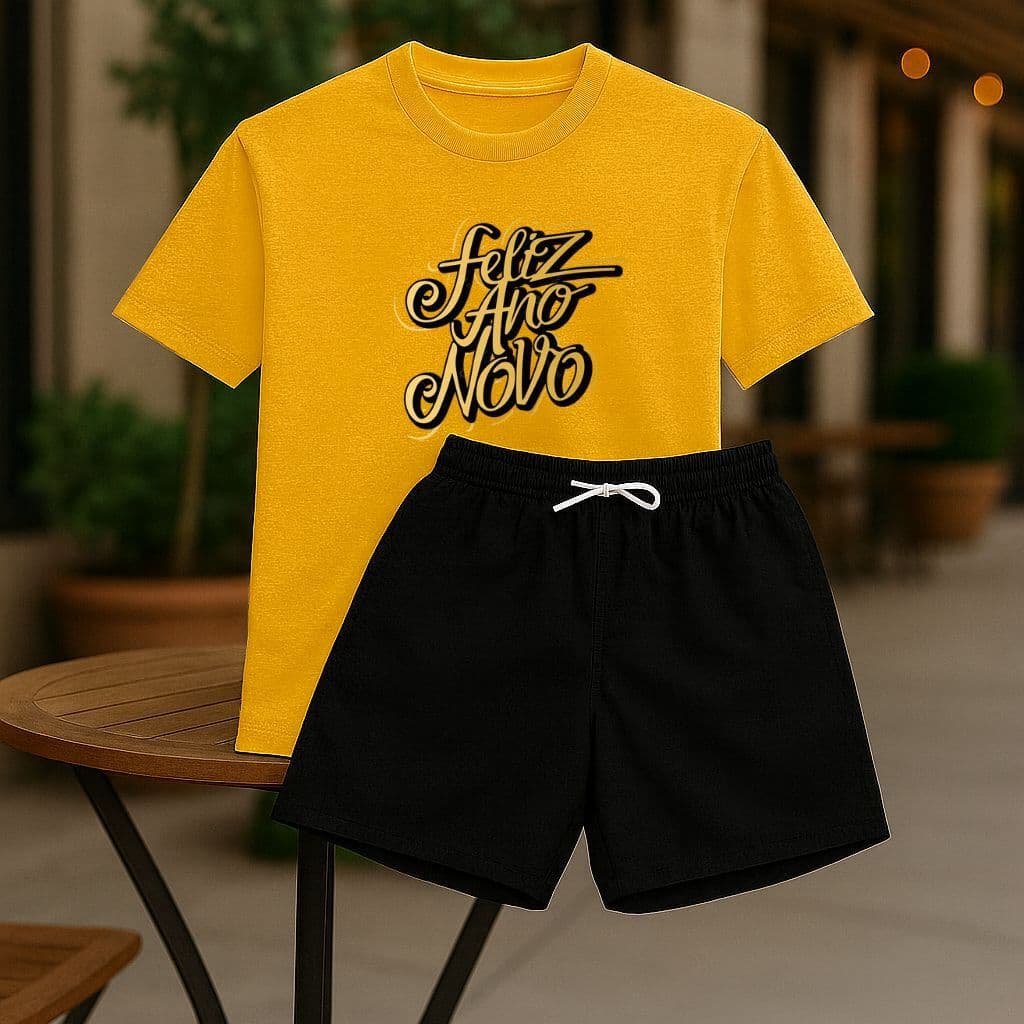 Camiseta Vermelha e Short Branco Moletom Premium 100% Algodão Ano Novo