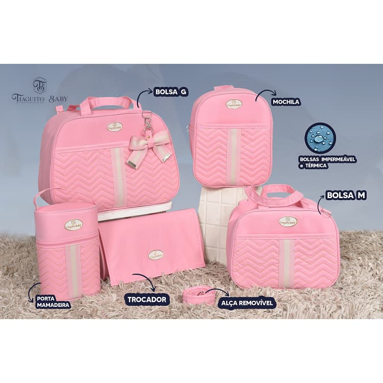 Kit Bolsa de Bebê Laço 5 Peças (Rosa)