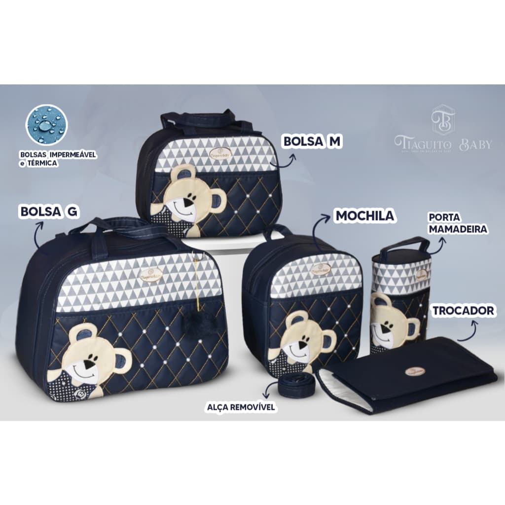 Kit Bolsa de Bebê Urso de Lado 5 Peças (Marinho)
