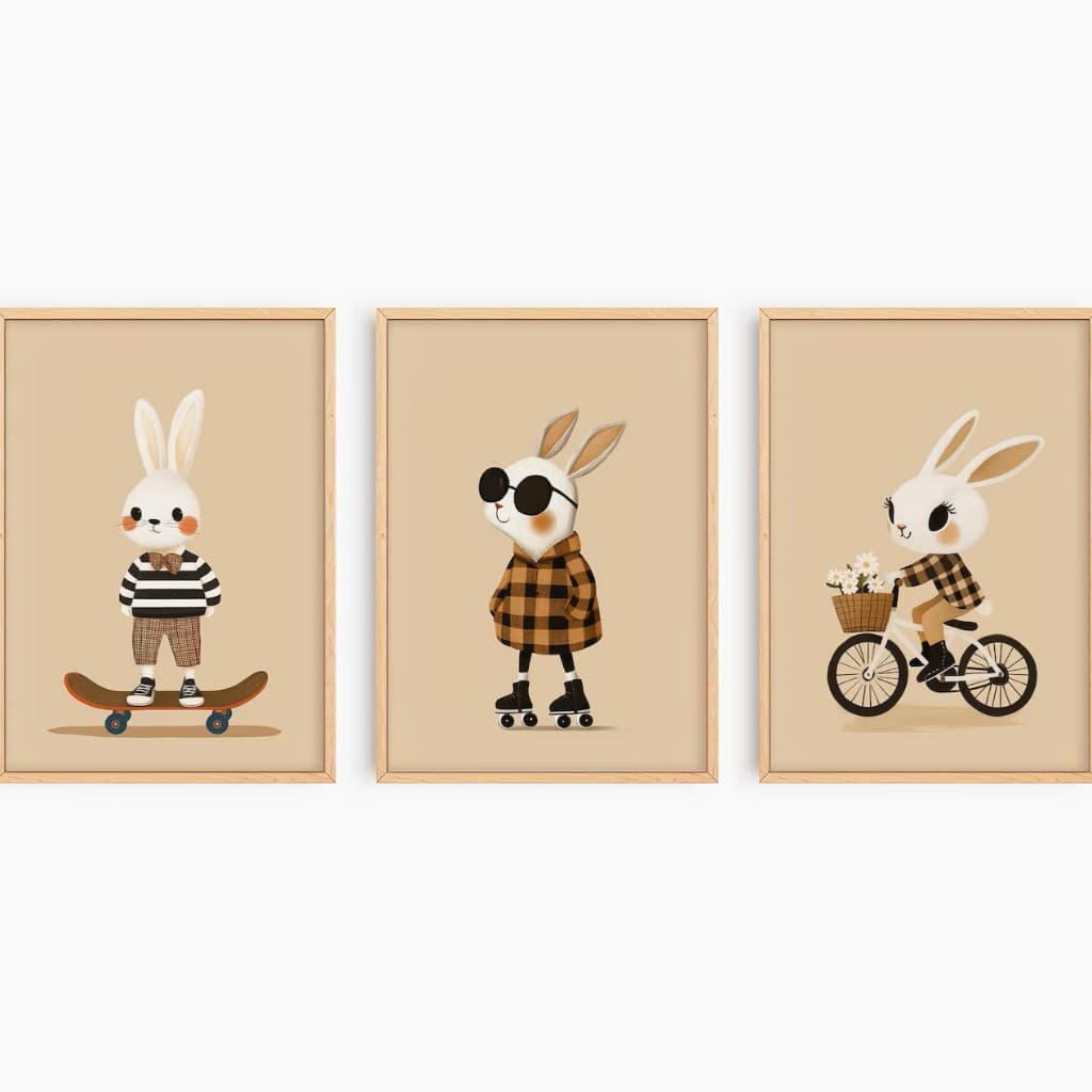Kit 3 Quadros Decorativos Infantil | Animais e Skate | Quarto Bebê Menino - Coelhinhos Radicais No2