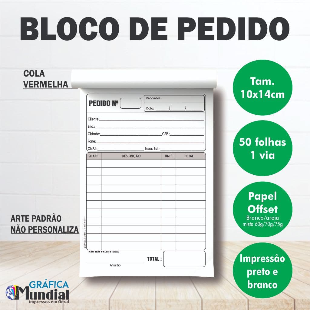 Talões Pedido 1 via off-set 10x14 bloco com 50 folhas Papelaria Orçamento Delivery