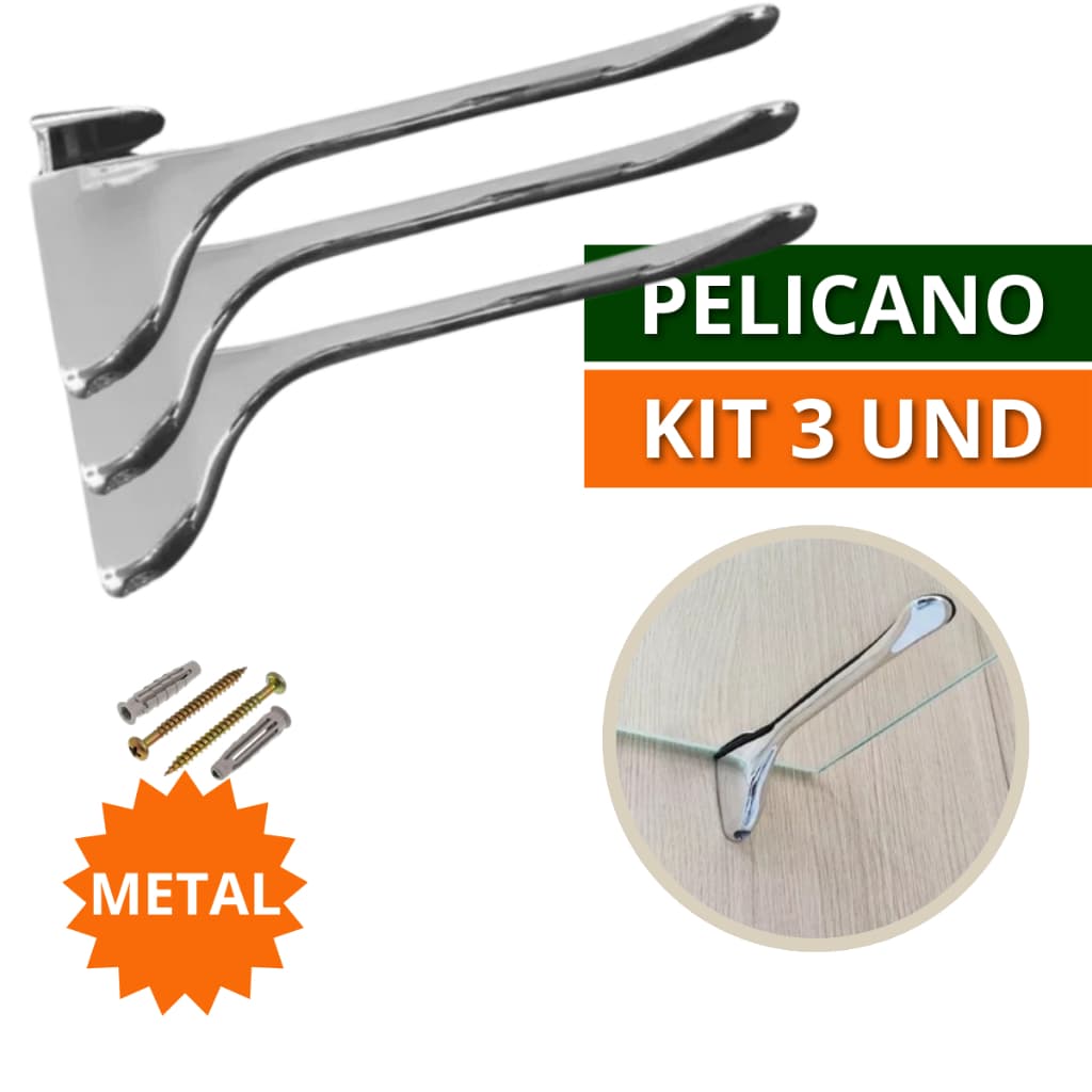 Kit 2 e 3 Suporte de Prateleira Organizadora Horizontal para parede Pelicano de Metal Para Vidro Madeira