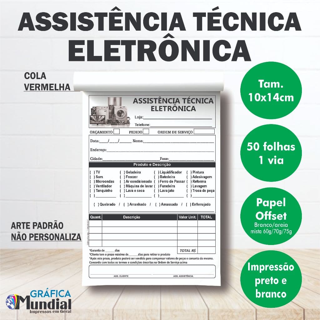 Talões Assistência Eletrônica 10x14 Bloco c/ 50 folhas Orçamento Ordem  Serviço Técnica Conserto