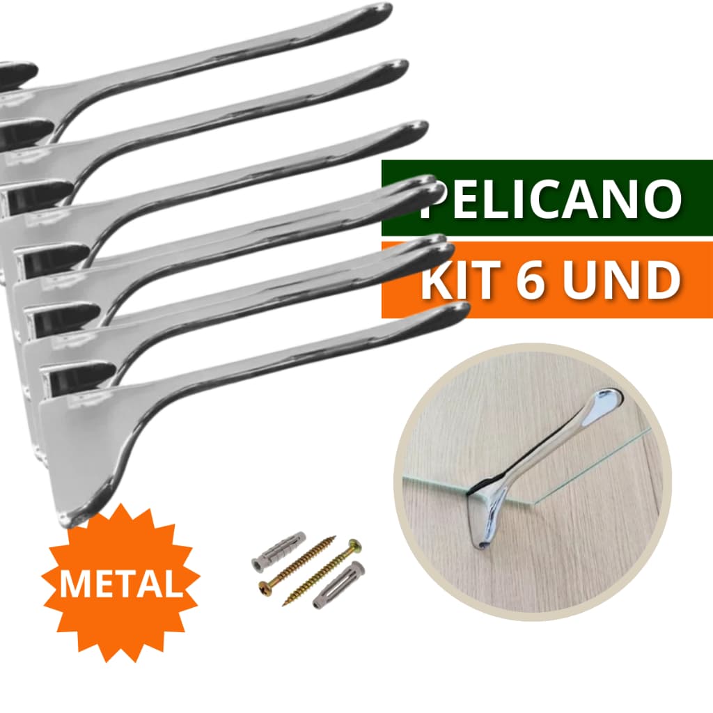 Kit 3 e 6 Suporte de Prateleira Organizadora Horizontal para parede Pelicano de Metal Para Vidro Madeira