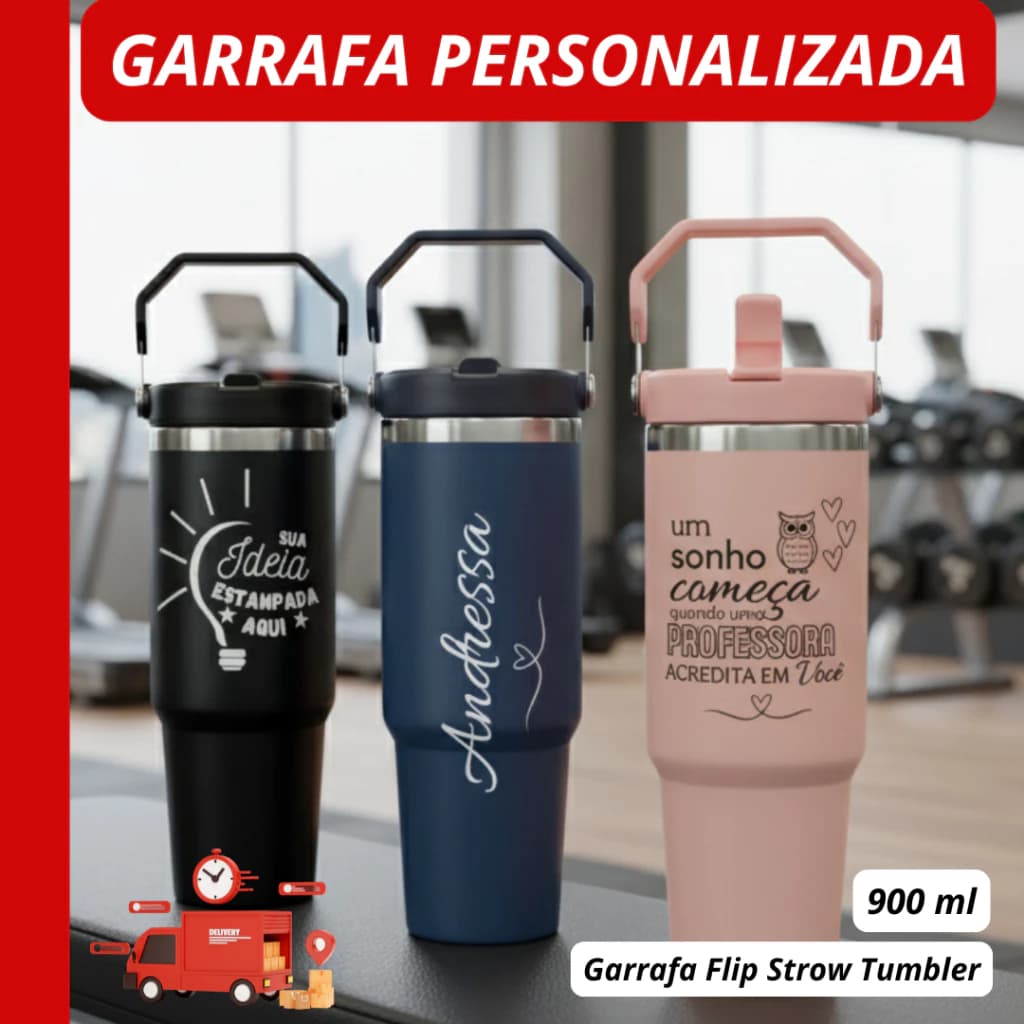 Garrafa Termica Alça Superior e Canudo (900ml) - PERSONALIZADO - Escolha a Cor.