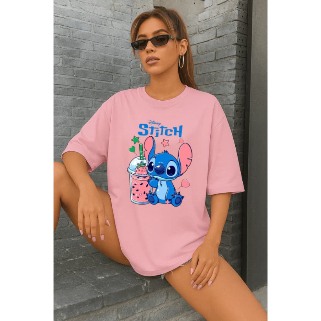 Camiseta Feminina Streetwear 100% Algodão Estampada Stitch Copo Milk Camisa Unissex Premium PROMOÇÃO