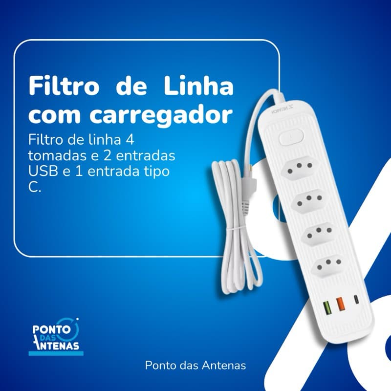 Filtro de Linha Extensão Elétrica 4 Tomadas com Entrada USB e Tipo-C Régua Energia Elétrica Bivolt