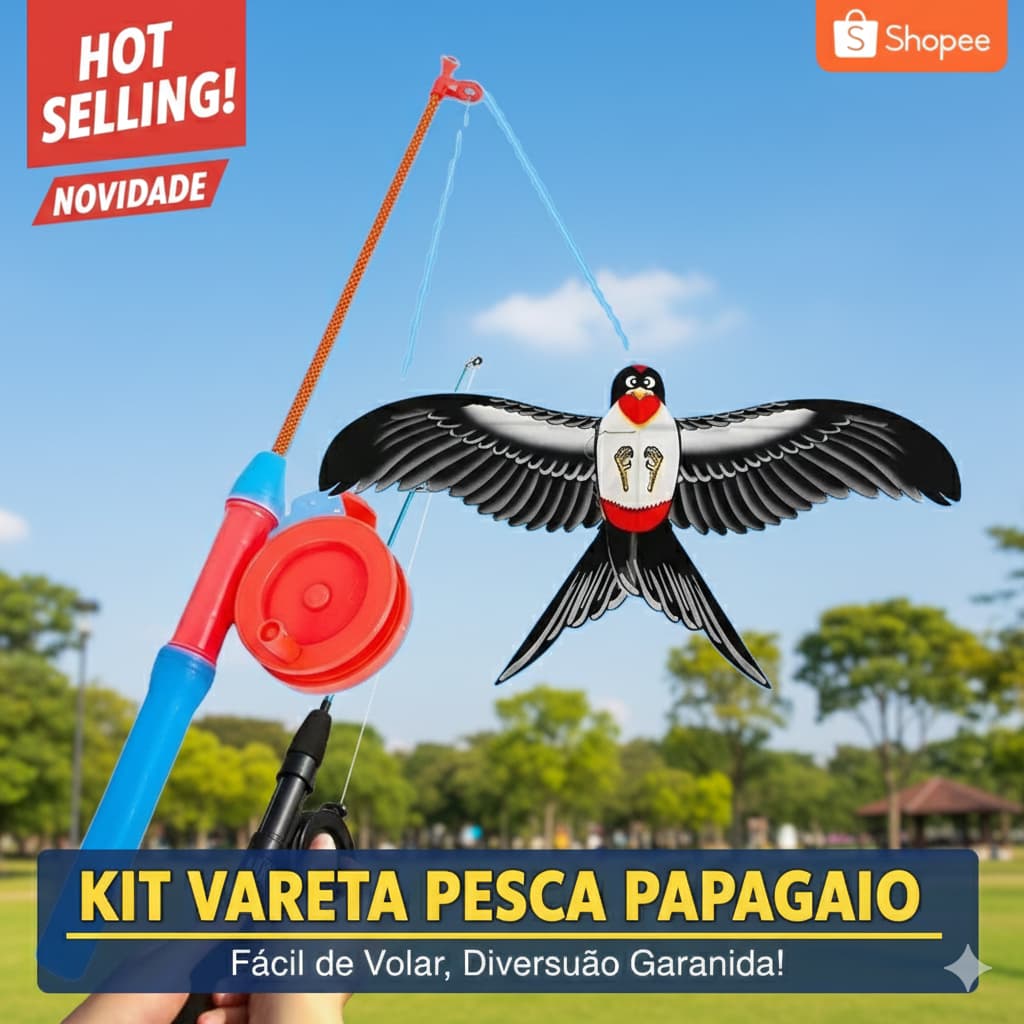 Pipa Plástica Formato de Pássaro  Kit Completo com Vara  Carretilha  Linha  30 cm