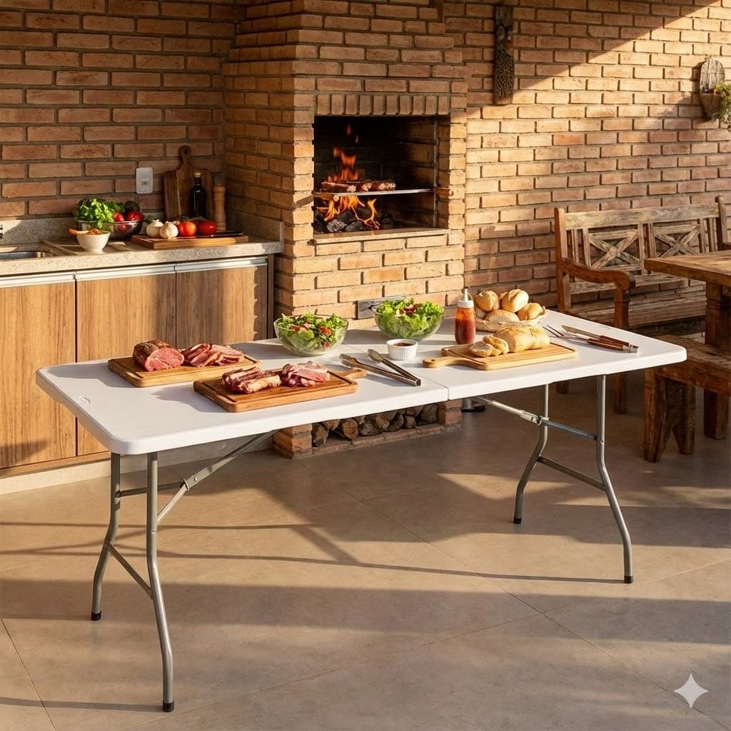 Mesa Dobrável Portátil Plástico Base de Alumício Vira Maleta 180cm  x 74cm