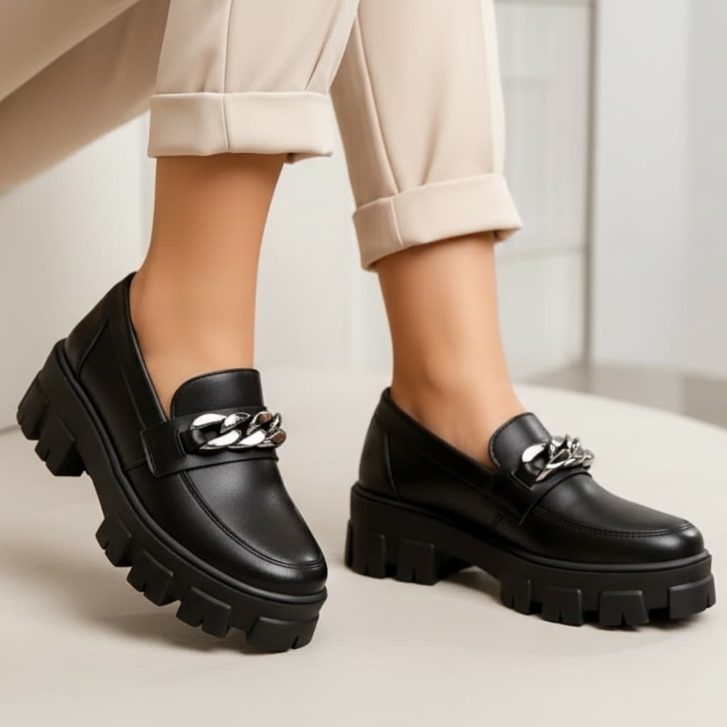 Mocassim Tratorado Feminino Preto Couro Sintético Premium Confortável Antiderrapante Casual Elegante