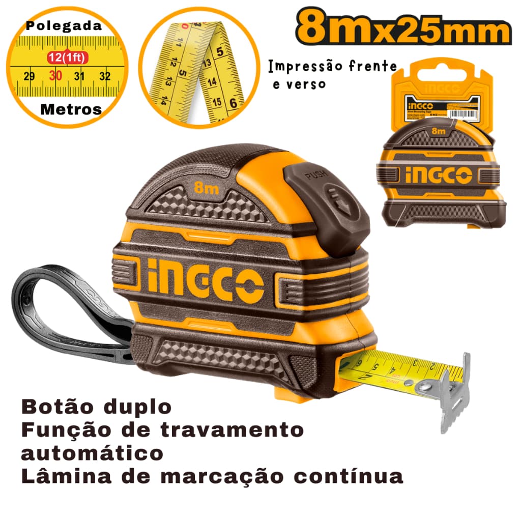 Trena 8 ou 5 metros Emborrachada Com Botao Duplo 8m x 25mm Ingco ou 5m x 25mm