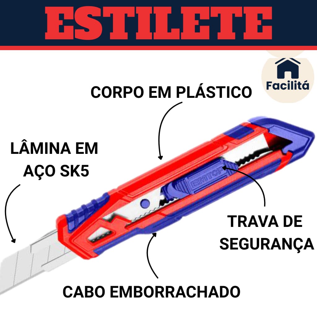 Kit Estilete Profissional Ergonômico 18mm Emborrachado Trava de Segurança Lamina Segmentada - Emtop