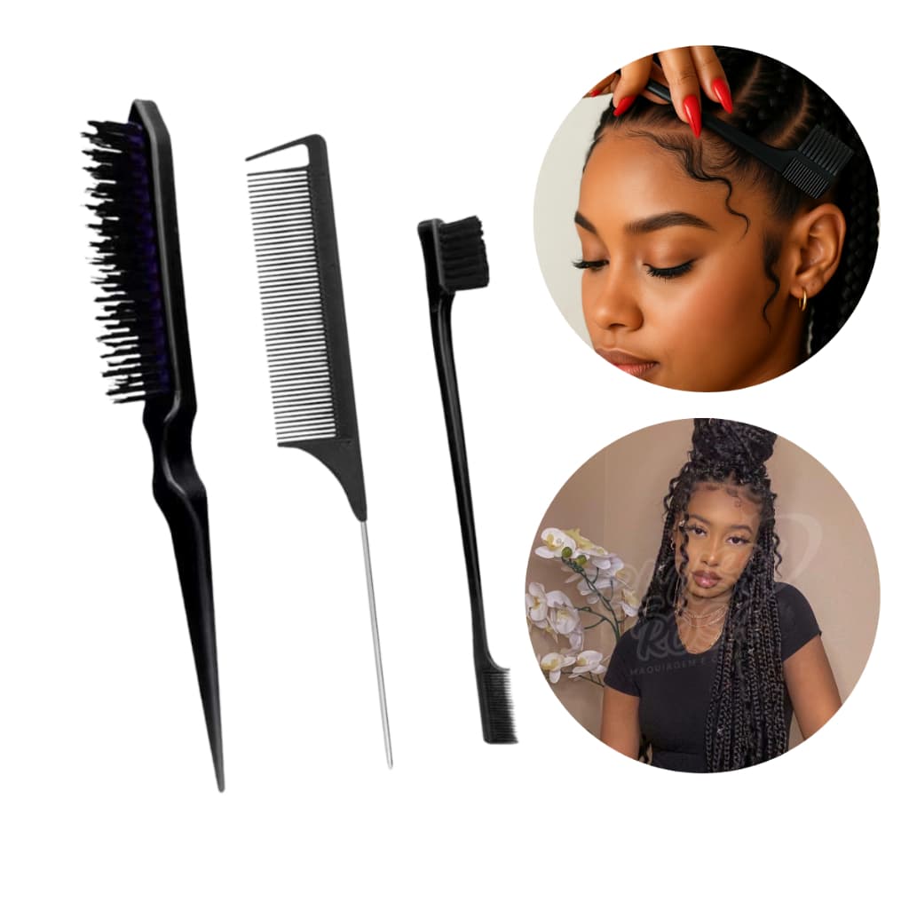 Kit de Pente Para Cabelo 3 Peças Escova e Escovinha Penteados Baby Hair Tranças Com Separador de Mechas