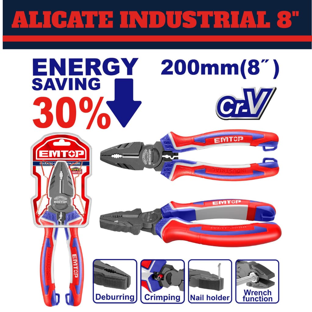 Alicate Pvc Universal Industrial 8" - 30% Mais Forte - Cabo Emborrachado - Emtop