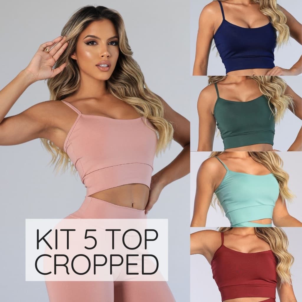 Kit 5 Tops Cropped Variados Fitness Academia Alcinha Bojo Removível Suplex Premium Treino Musculação