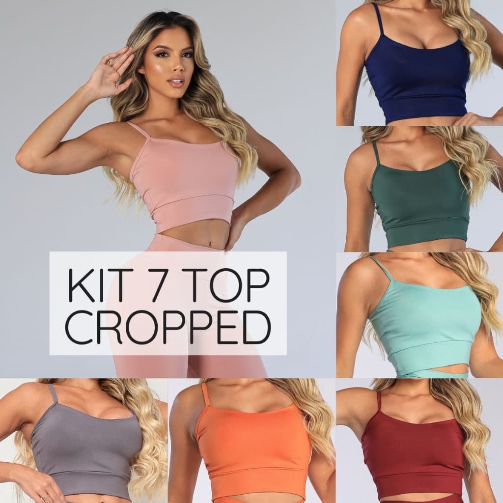 Kit 7 Tops Cropped Variados Fitness Academia Alcinha Bojo Removível Suplex Premium Treino Musculação