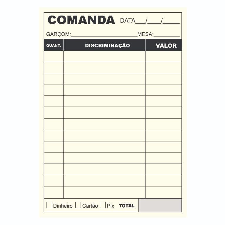 05 Blocos Comanda Padrão 10x14 c/50 folhas Lanchonete Barzinho Restaurante Delivery Papelaria