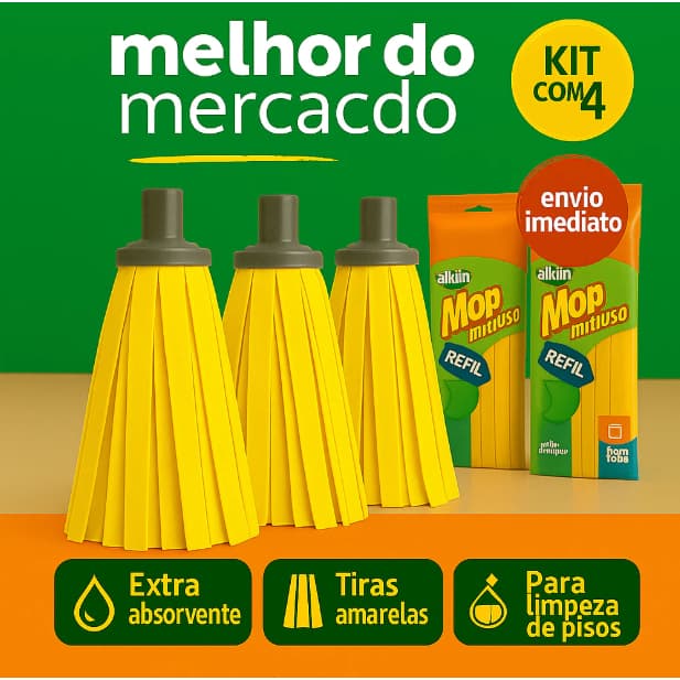 Kit 4 Refil Para Mop Tiras Amarela Multiuso Limpeza Esfregão Secar Piso Absorvente Extra Banheiro