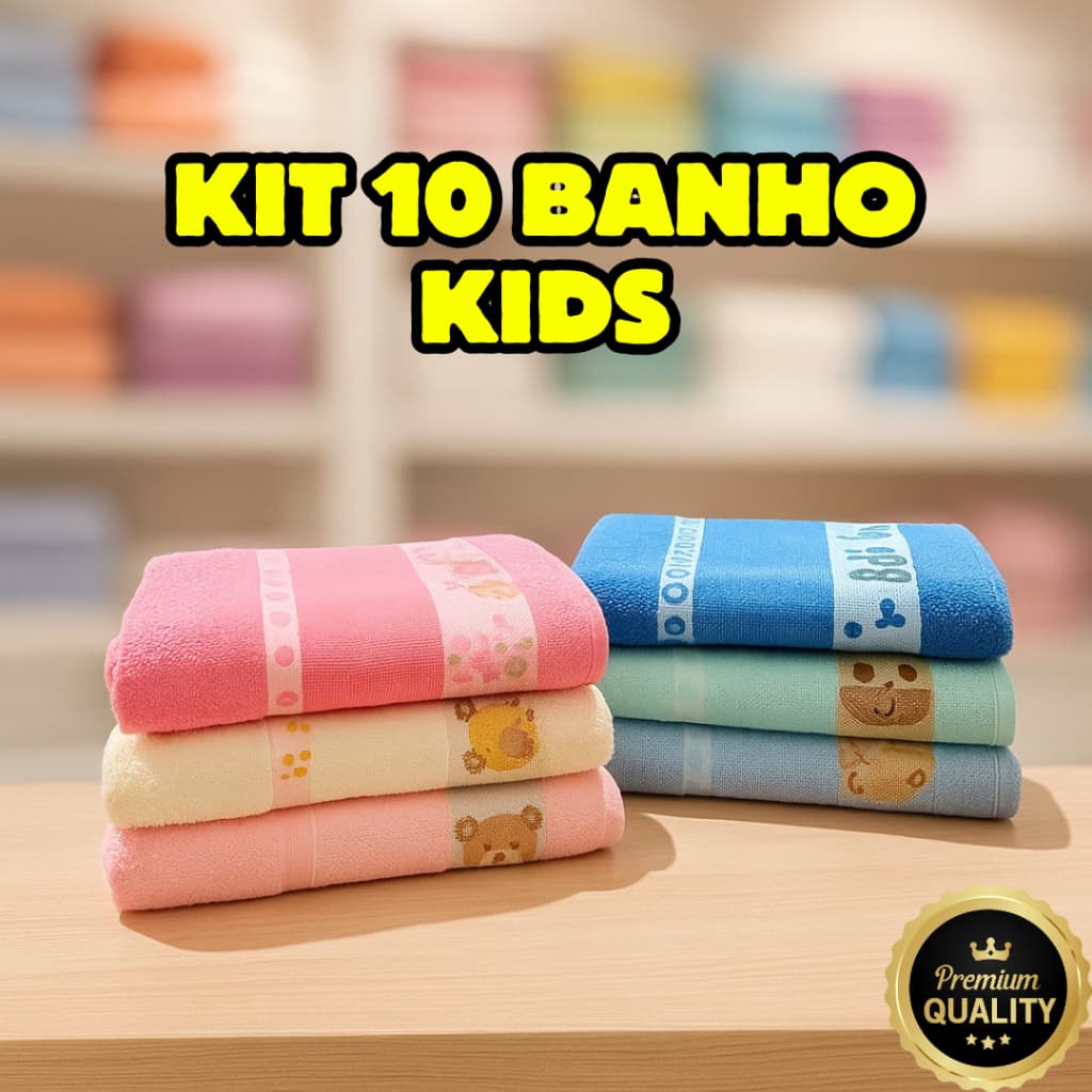 Kit 10 Toalhas de Banho Kids Infantil Bebê e Criança 100% Algodão Macia Secagem Rápida Para Bordar