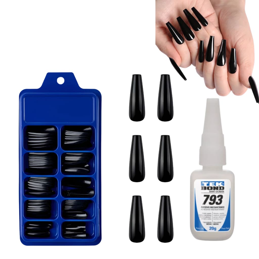 100 Unhas Postiças BAILARINAS PRETA Natural Realista + Cola Tek Bond 793 20g
