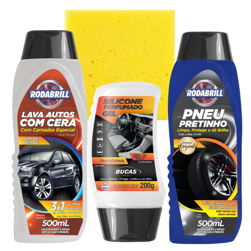 kit limpeza automotiva lava auto shampoo carro c/ cera carnauba + pretinho + silicone proteção e brilho não gruda poeira