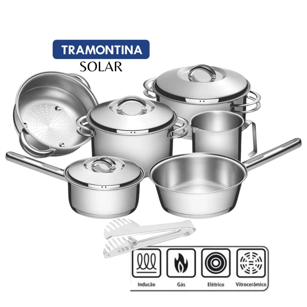 Jogo de Panelas Tramontina Solar Aço Inox Indução Fundo Triplo 6 Pçs Colher Servir Arroz Cozinha