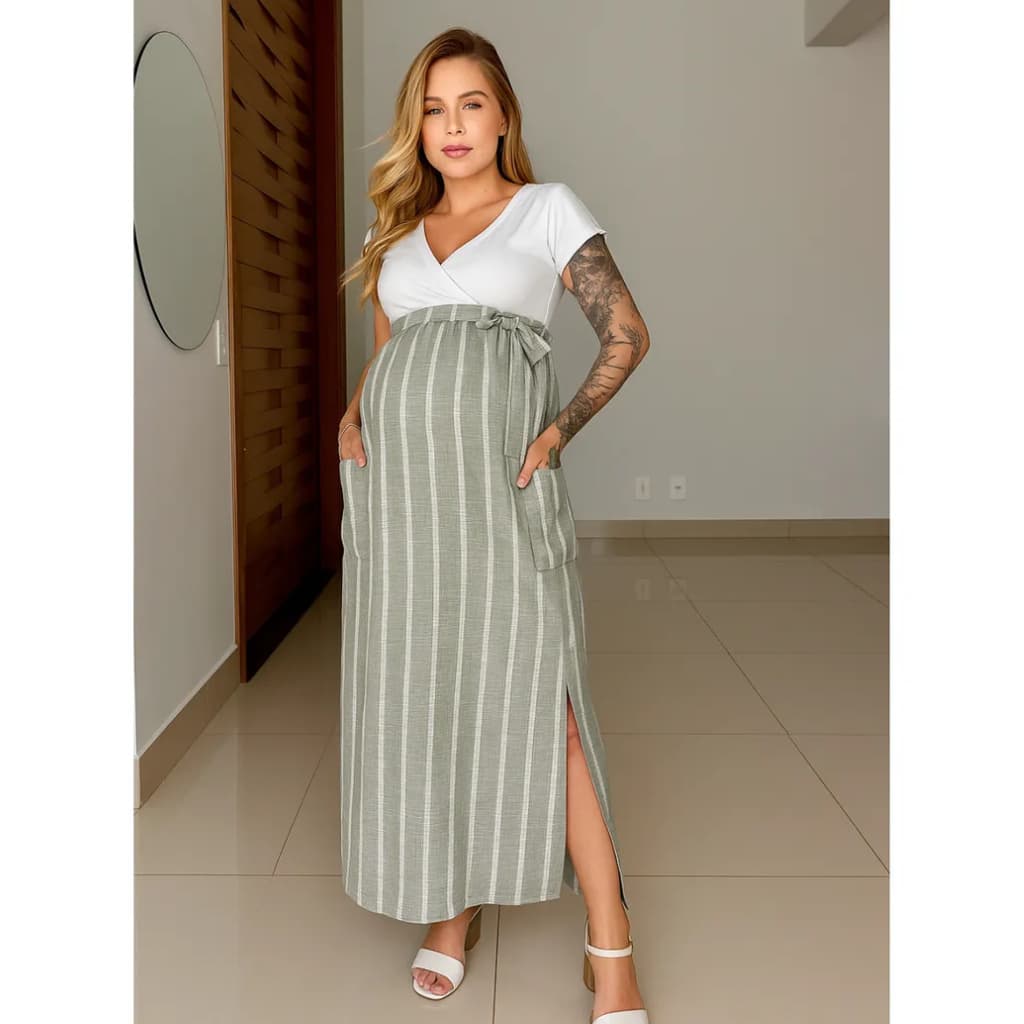 Vestido Longo Linho Social Gestante Bolso Lateral Amamentação Maternidade Enxoval