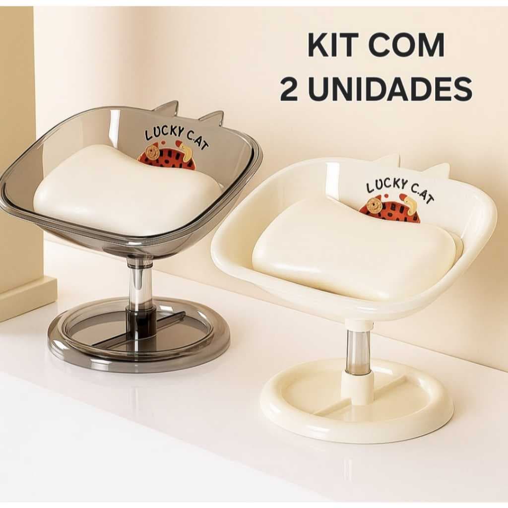 Kit Com 2 Porta Sabonete Gatinho Lucky Cat Com Base  Porta Sabonete Elevado  Drenagem Rápida Antimofo  Com Base Estável