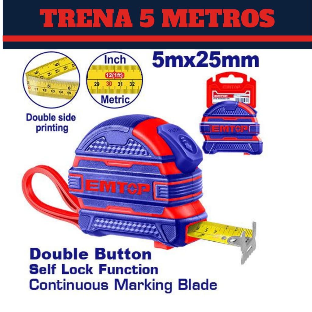 Trena Emborrachada - 5m X 2,5cm Largura - Auto-Travamento, Métrica e Polegada, Design Premium Emtop