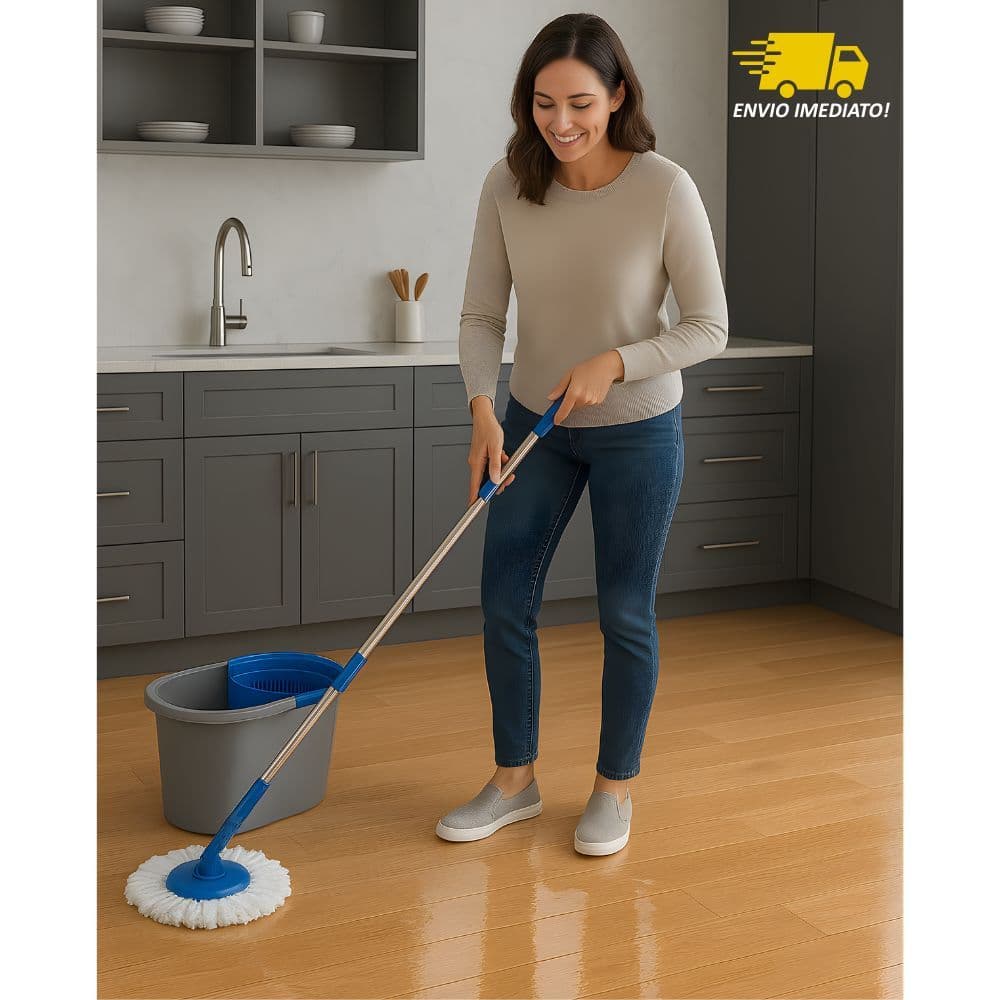 KIT Mop Balde Esfregão Giratório Com Alça Cabeça Giratória 360º Esfregão 180º Prático Eficiente