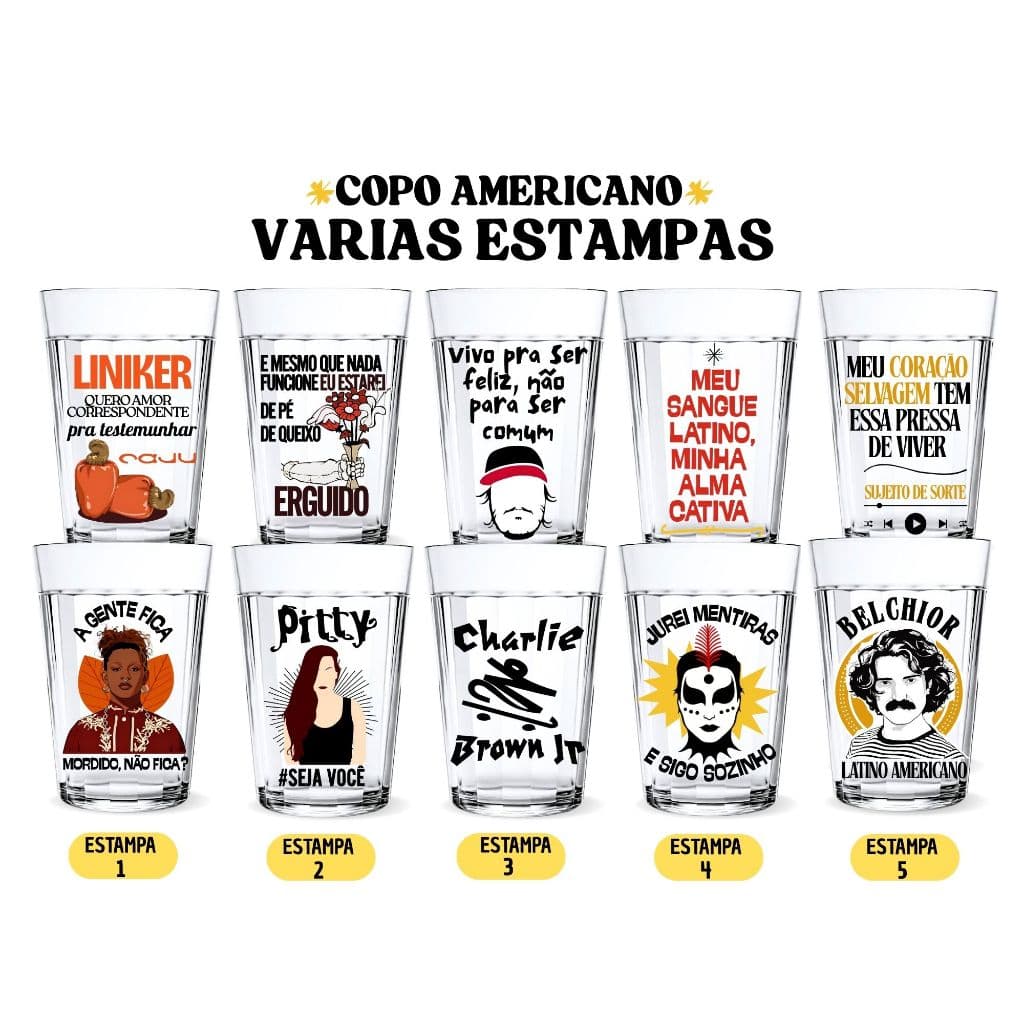 2 Copos Americano Estampa MPB Rock Nacional Música Brasileira Decorativo Bandas Presente Alta Qualidade