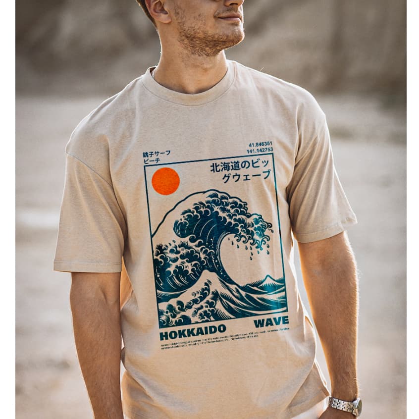 Camiseta HOKKAIDO WAVE JAPÃO Streetwear 100% Algodão Masculina e Feminina Unissex Camisa Premium
