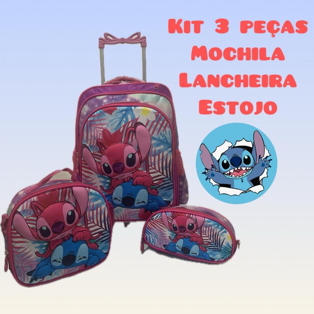 Kit Mochila Stitch e Angel 3D 3 Peças Escolar Carrinho Reforçado Premium Impermeável