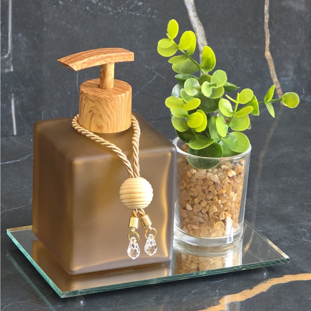 Kit Banheiro Porta Sabonete Liquido Bronze Vidro com Bandeja e Enfeite