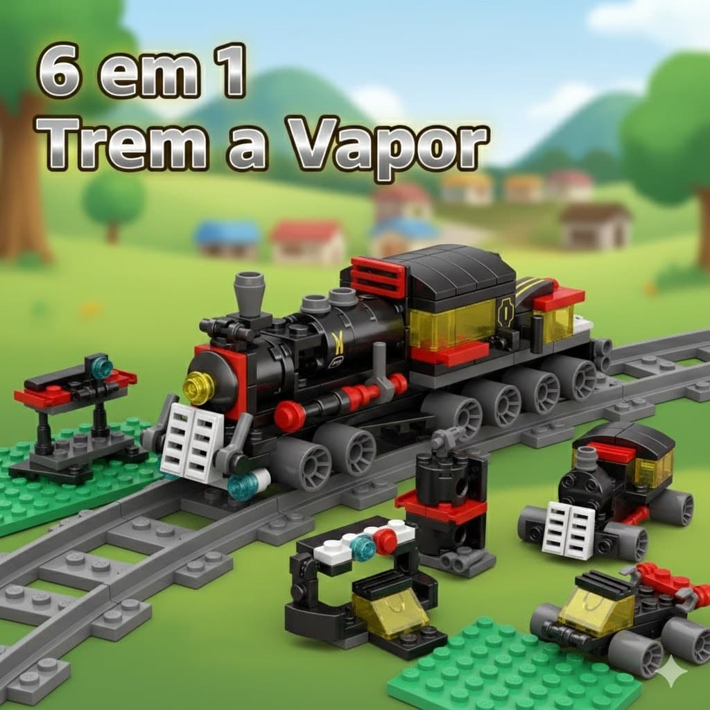 Blocos Montar 6 em 1 Trem a Vapor Clássico 118 Peças Brinquedo Locomotiva Educativo Presente Criança
