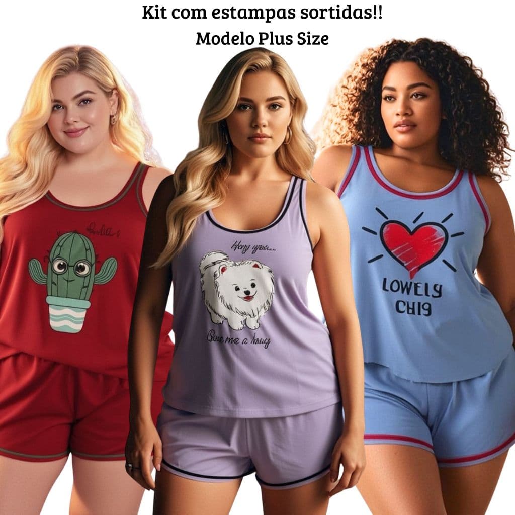 Kit com 2 Pijamas Feminino Plus Size (50/52/54)  Regata Camiseta Verão em malha Estampas Sortidas