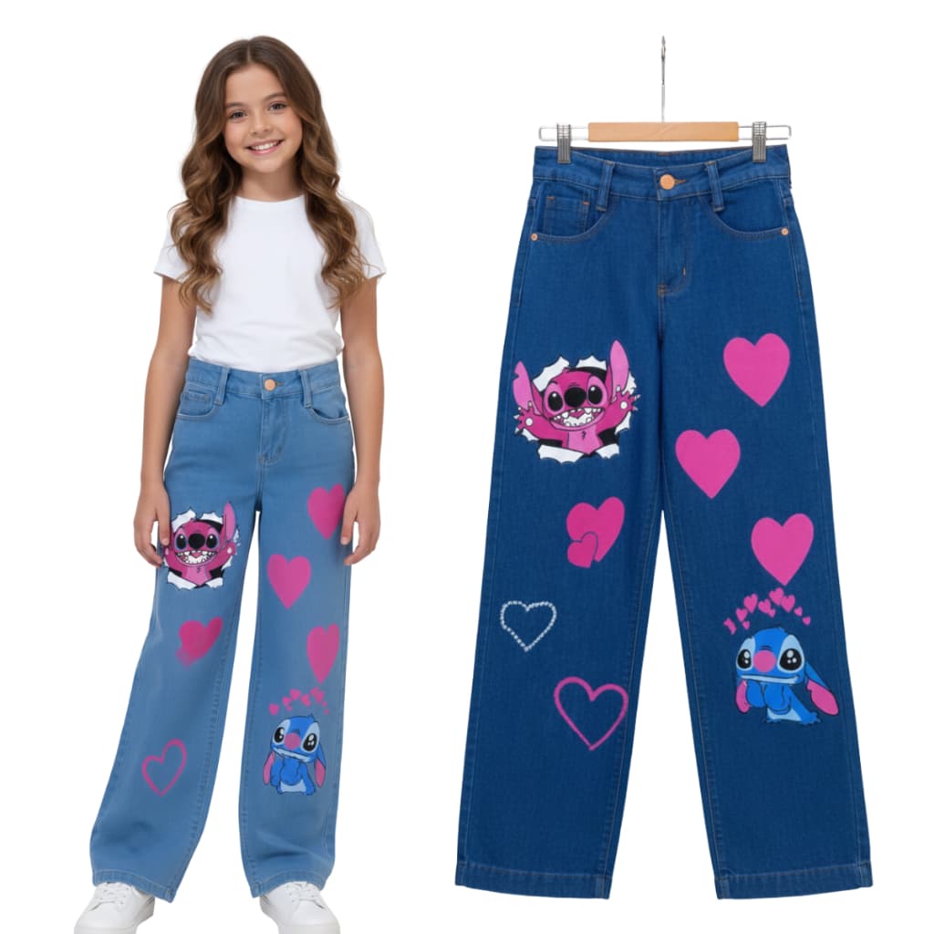 Calça Infantil e Juvenil Stitch Jeans Premium Moda Estilo Blogueirinha Calça Jeans Para Meninas