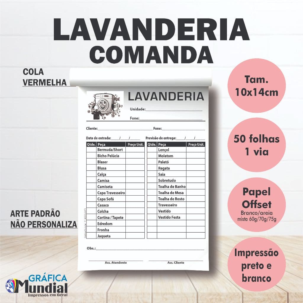 5 blocos de Lavanderia 10x14cm Comanda com 50 folhas Papelaria Pedido Ordem de serviço