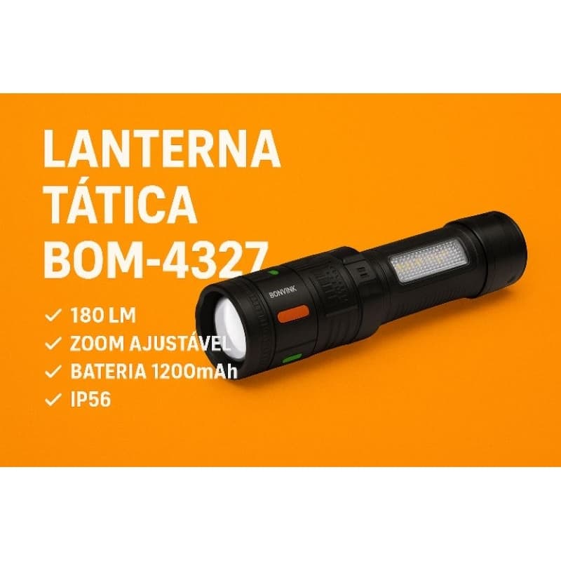 Lanterna Tática LED Bomvink BOM-4327 Recarregável USB-C Zoom Ajustável IP56