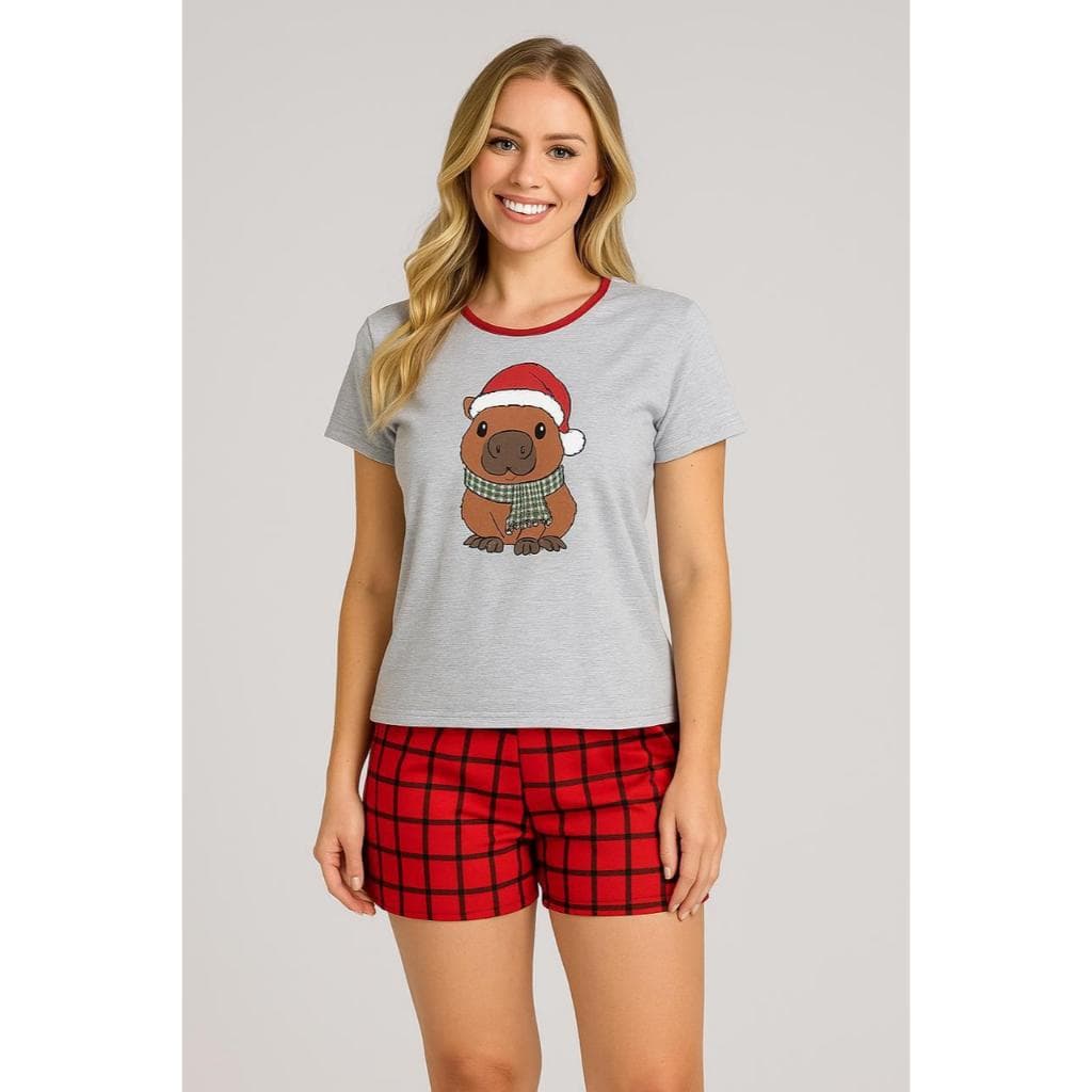Pijama Baby Doll Manga Feminino Natal Capivara com Short Estampado Confortável em Malha