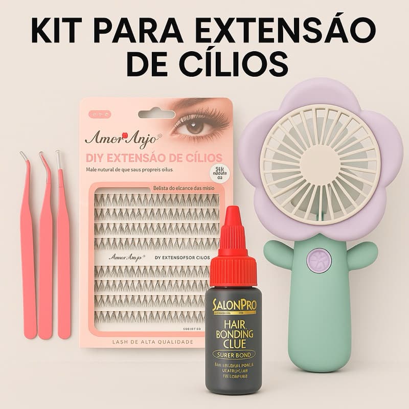 Kit Extensão de Cílios DIY Completo | Cola Profissional, Tufos, Pinças e Ventilador | Efeito Alongamento em Casa
